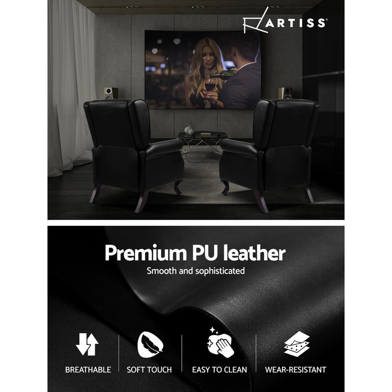 ALFRED Recliner Chair Luxury Lounge Armchair Single Sofa Couch PU Leather Black